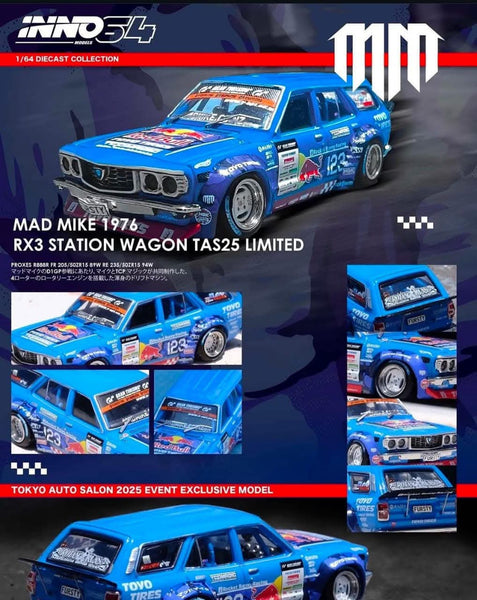 1:64 inno64 Mazda RX-3 Station Wagon Mad Mike 1976 Tokyo Auto Salon 2025