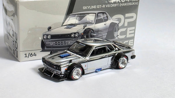 1:64 Pop Race Nissan Skyline GT-R V8 Drift (Hakusuka) Silver Chrome 330. Hong Kong Toy Car Salon 2025.